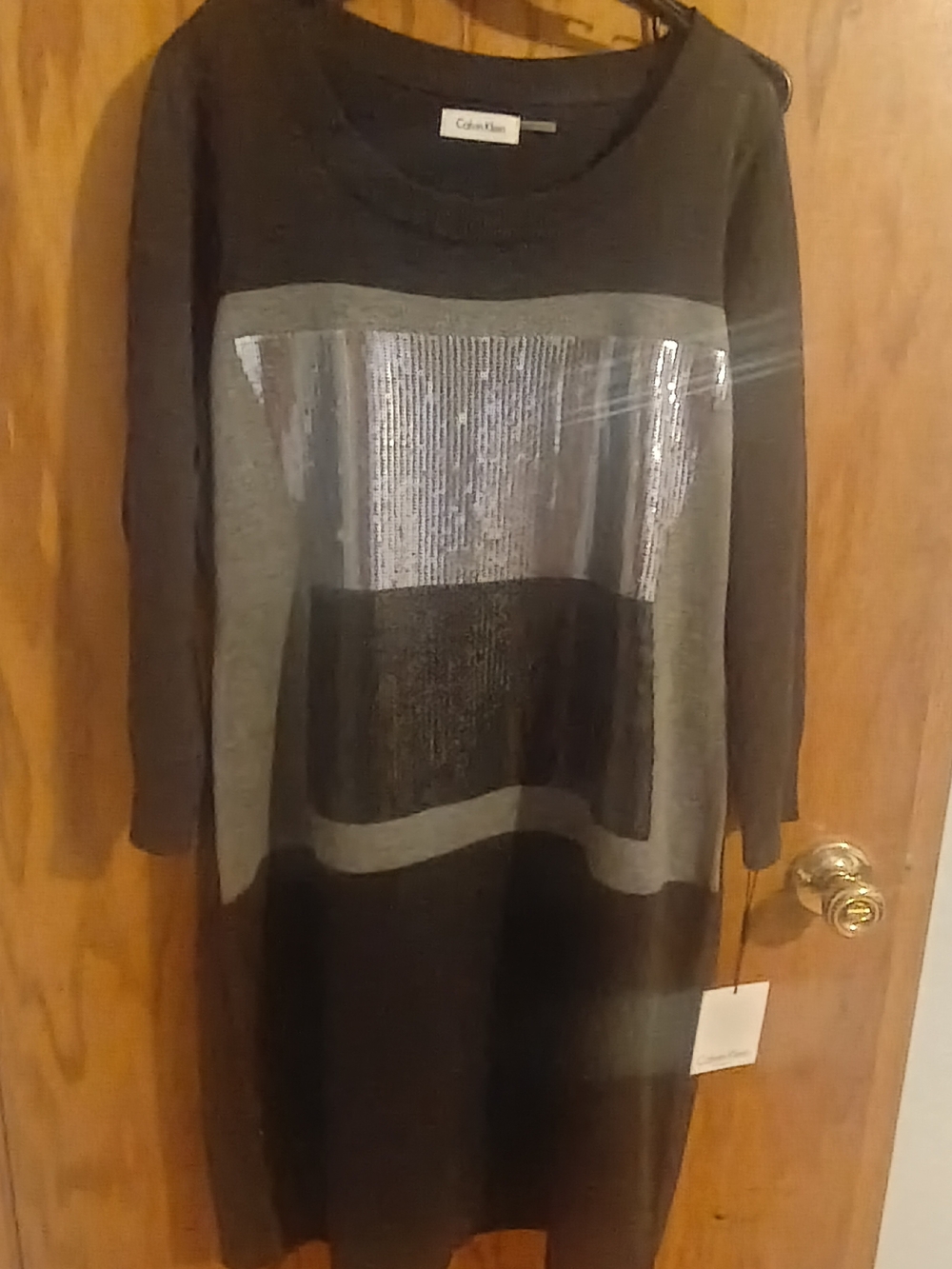 Calvin Klein Black and Gray Long Sleeve Colorblock Knit Dress with Sequin Panel